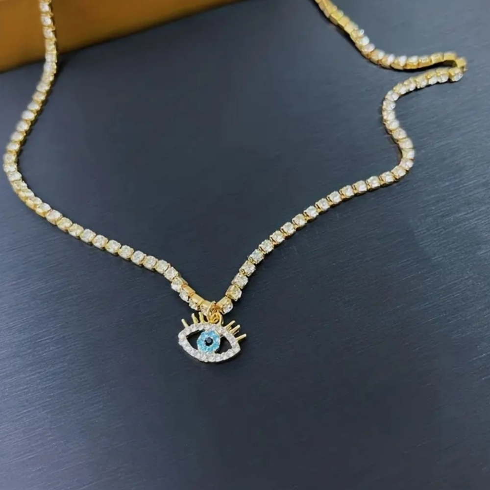 18k Gold Plated Vintage Evils Eye Rhinestones Necklace - Picture 4 of 5